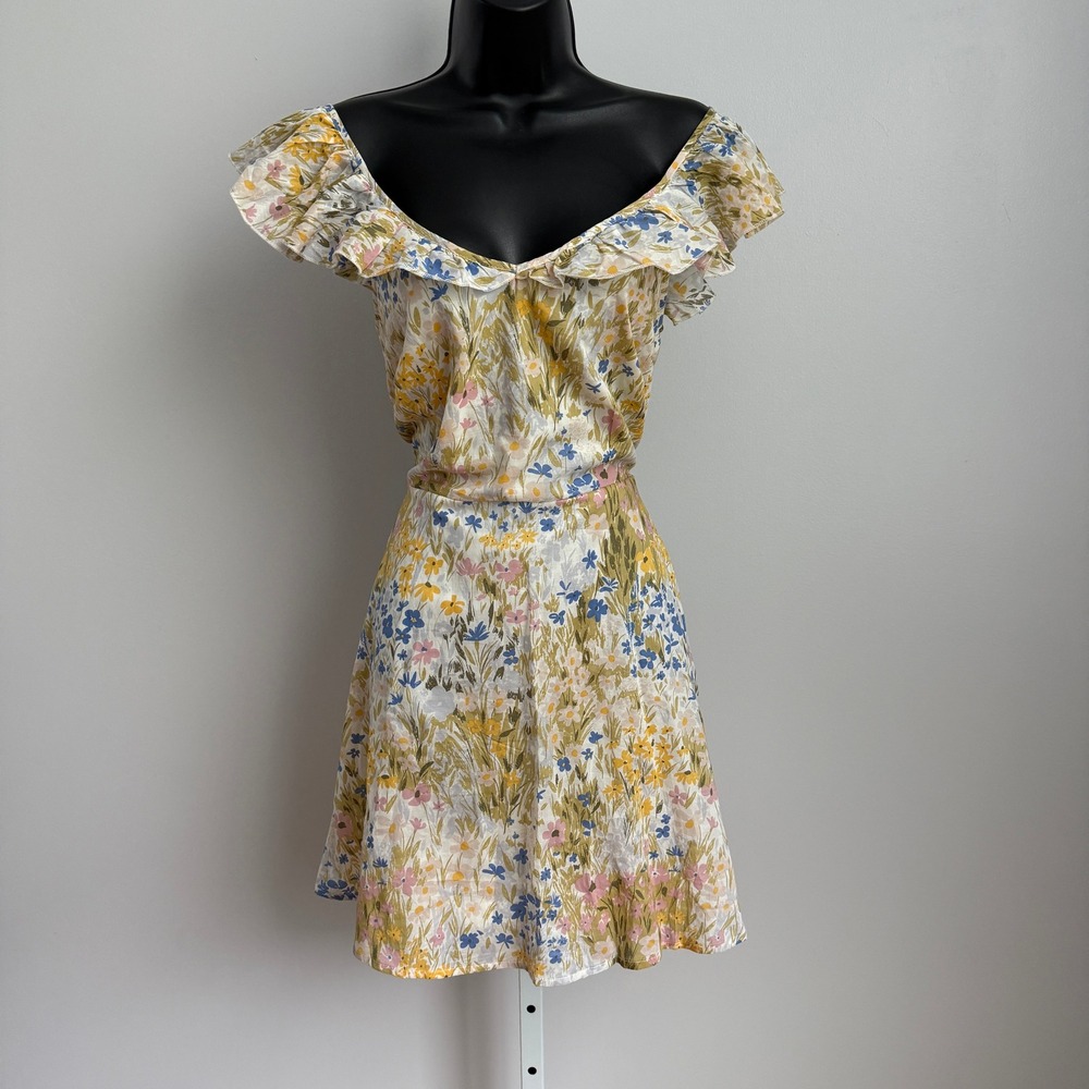 Wildfox cottage Floral Print Dress Ruffle Cap Sleeve Mini Dress sz M
